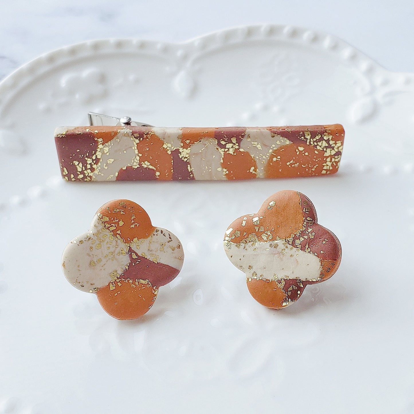 Marbled Coffee Studs & Hair Clip