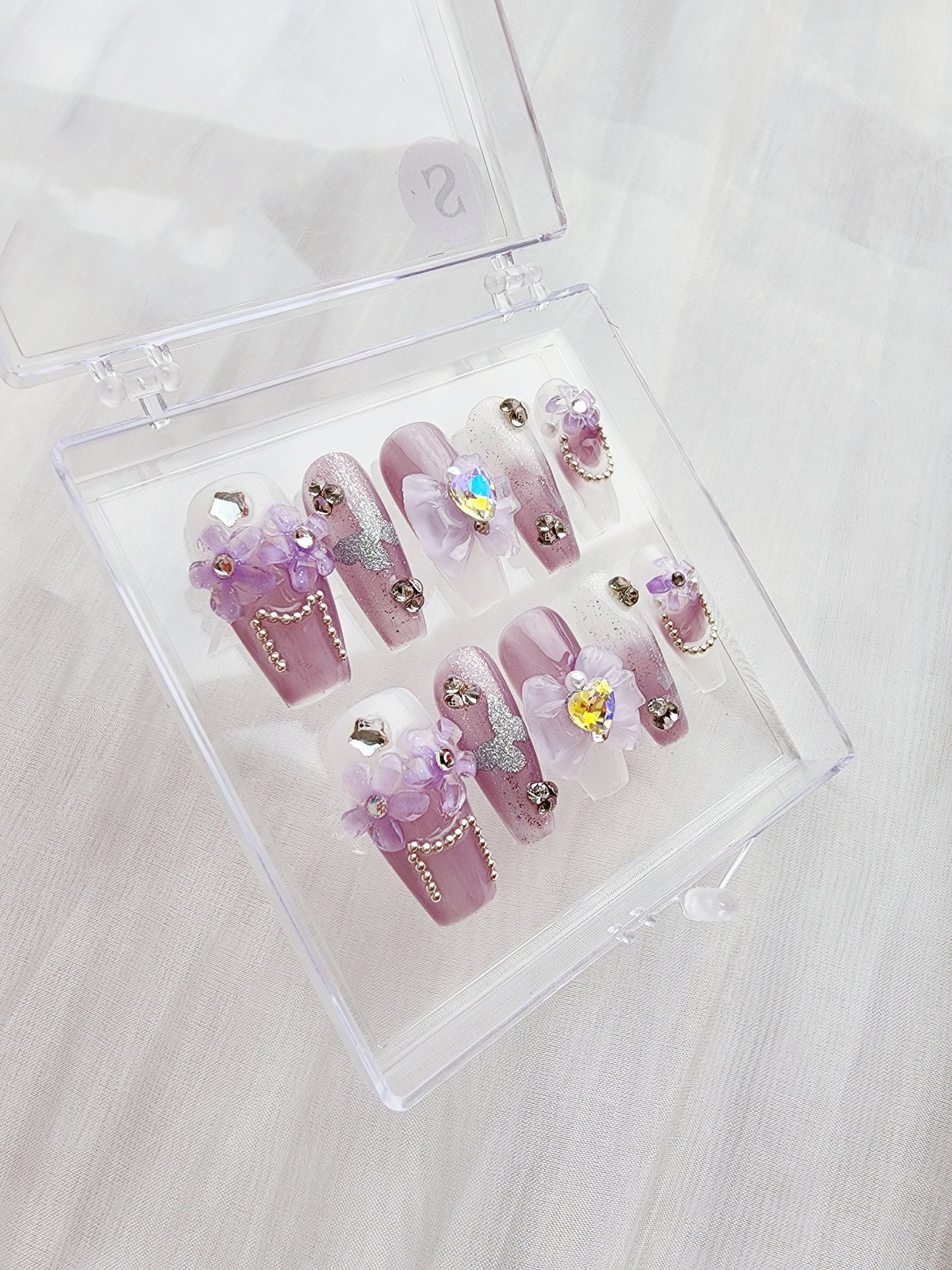 [N06] Purple Ribbon and Diamond Press On Manicure Nails