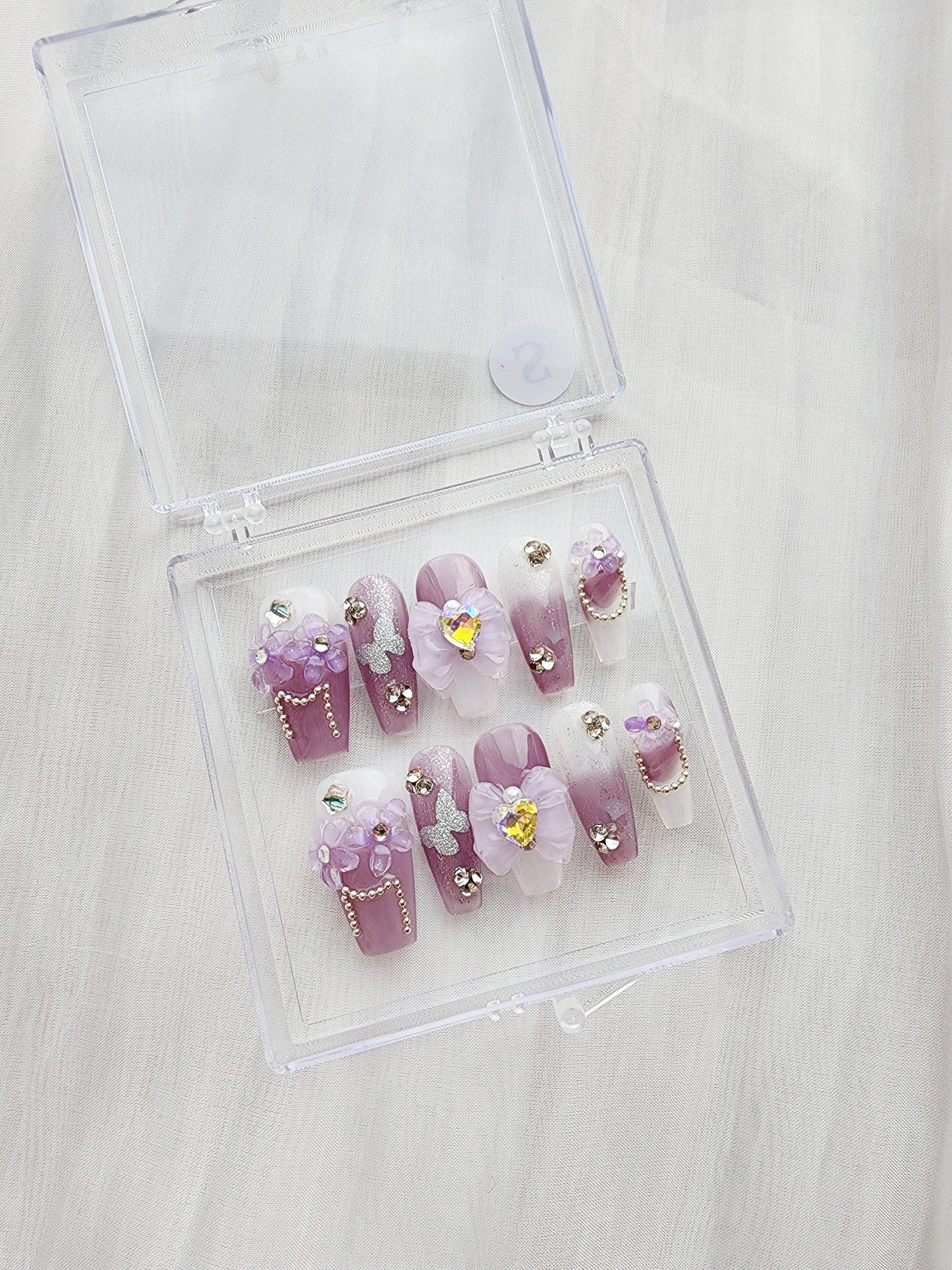 [N06] Purple Ribbon and Diamond Press On Manicure Nails