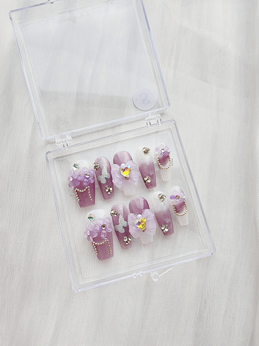 [N06] Purple Ribbon and Diamond Press On Manicure Nails