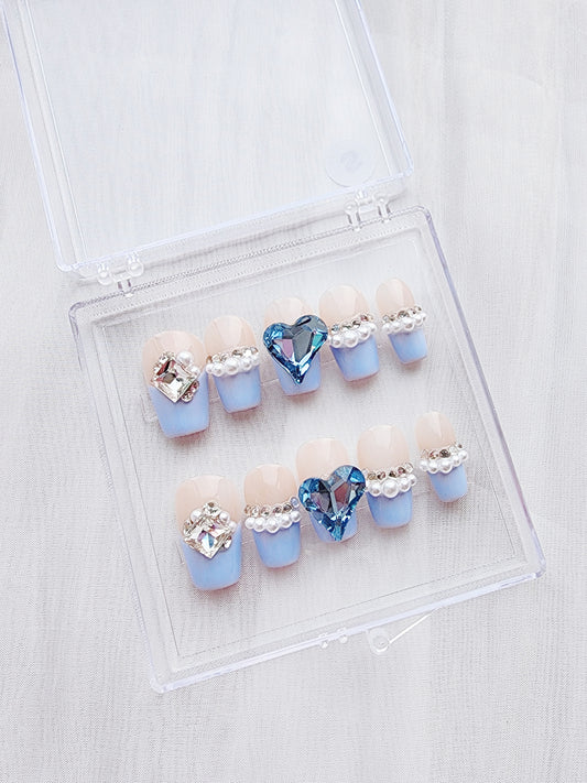 [N01] Blue with Pearl and Diamonds Press On Manicure Nails