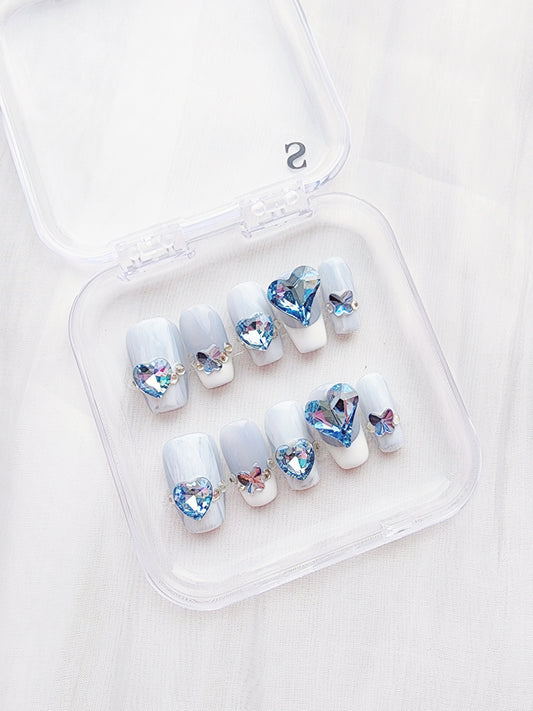 [N03] Blue & White with Diamonds Press On Manicure Nails