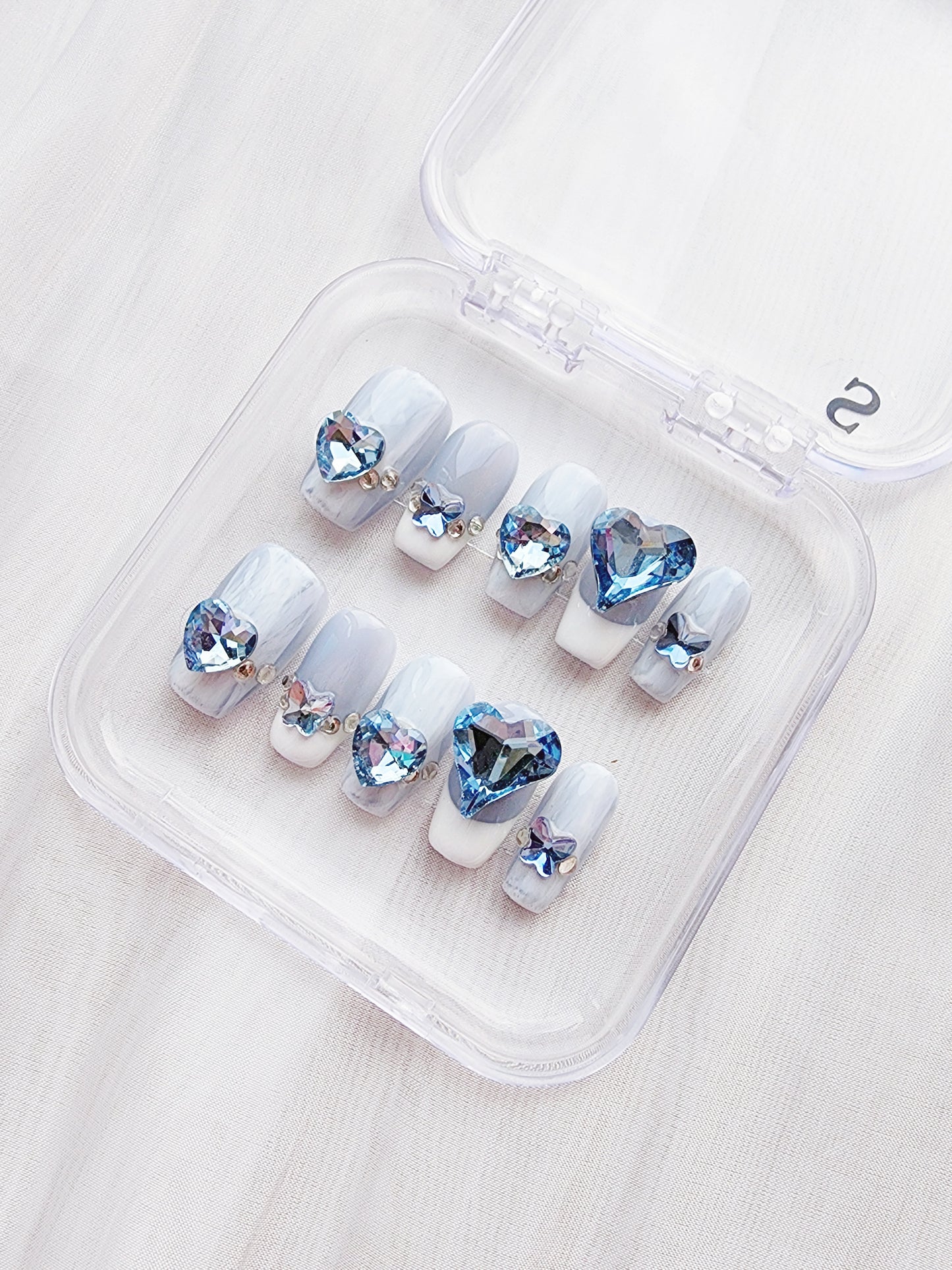 [N03] Blue & White with Diamonds Press On Manicure Nails
