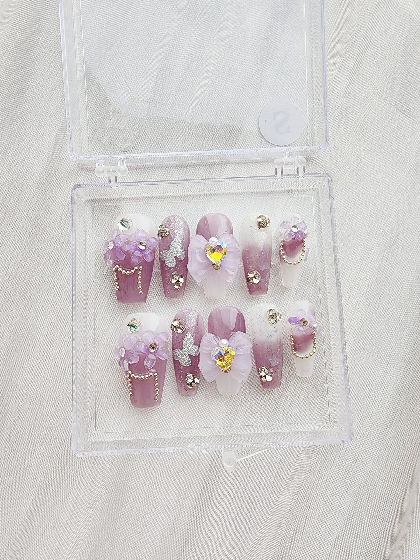 [N06] Purple Ribbon and Diamond Press On Manicure Nails