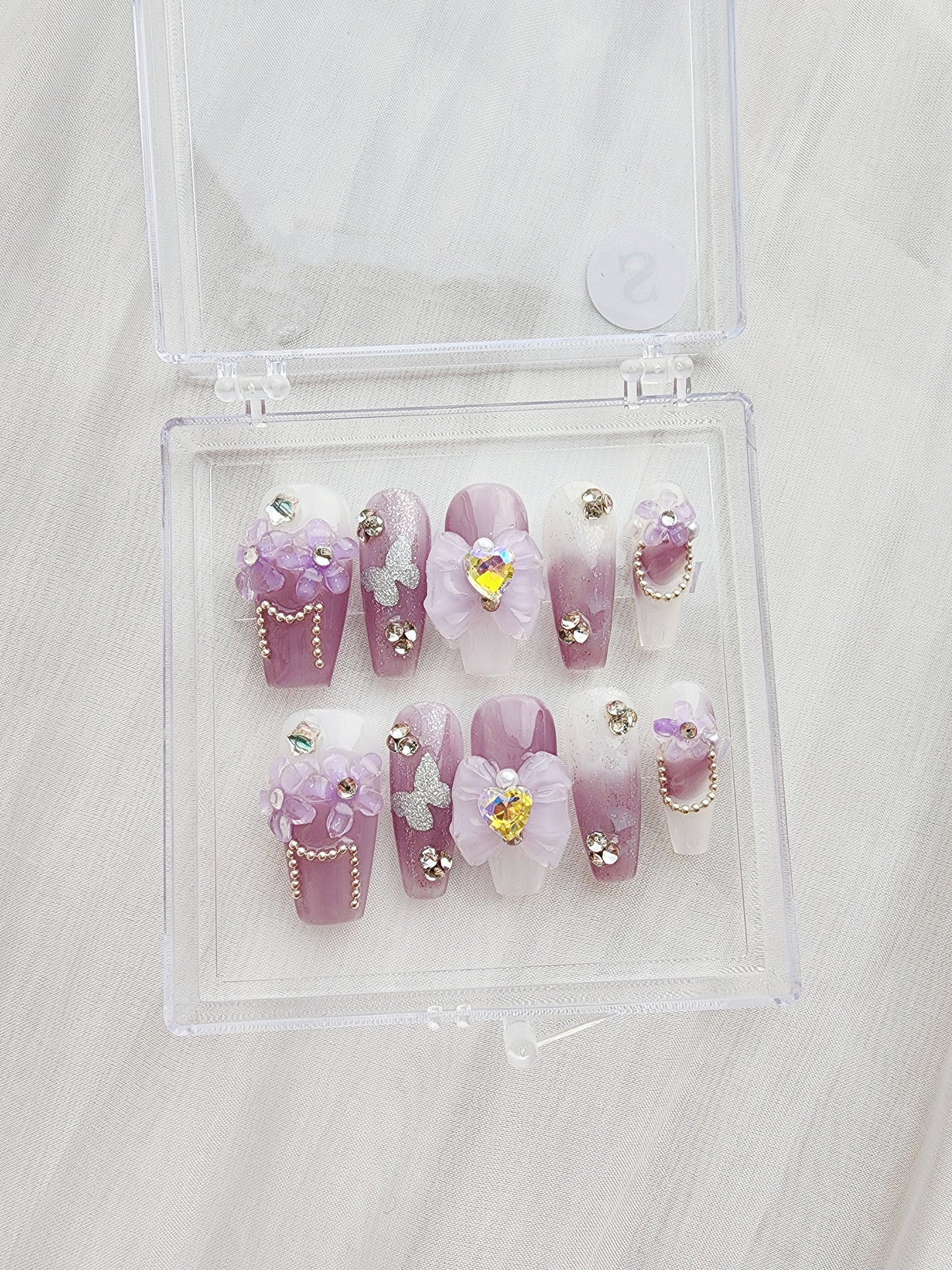 [N06] Purple Ribbon and Diamond Press On Manicure Nails